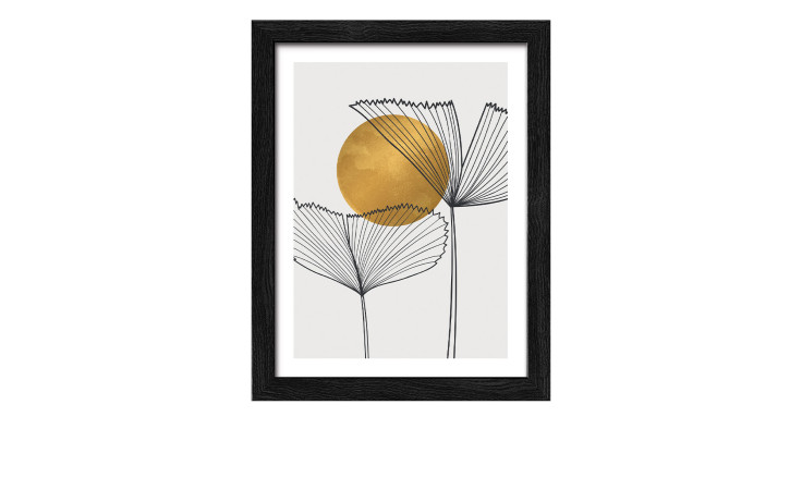 Das Rahmenbild Leaves In The Sun I (24x19cm) von Pro-Art zeigt abstrakte schwarze Blätter und eine goldene Sonne, gerahmt in schwarzem Glas.