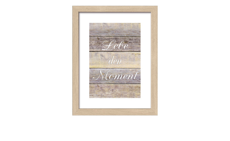 Pro-Art Rahmenbild Lebe den Moment 24x19 cm mit rustikalem Holz-Look und eleganter weißer Schrift.