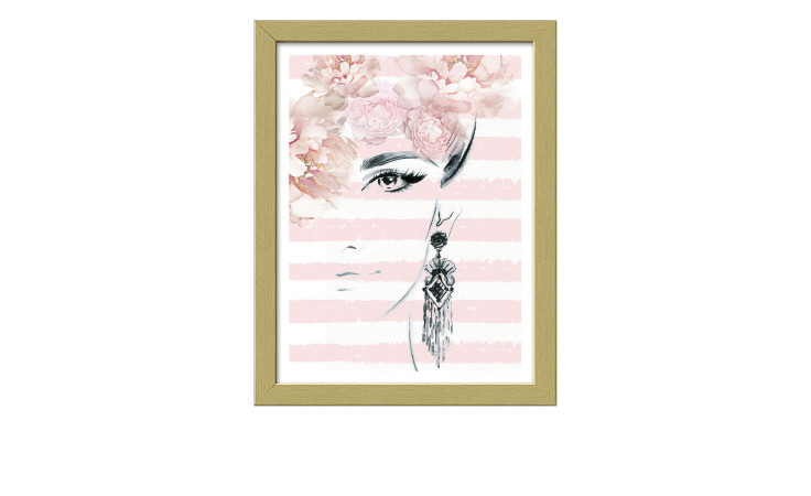 Minimalistische Skizze einer Frau mit floralem Kopfschmuck in Pro-Art Rahmenbild La France II 24x19cm, rosa gestreifter Hintergrund.