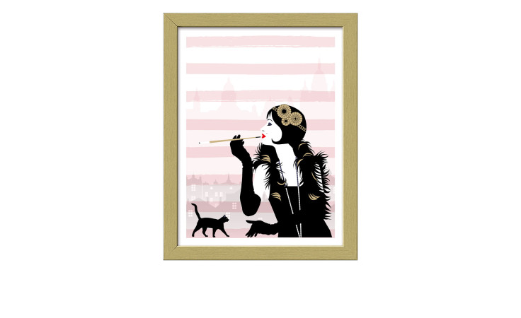 Art Deco Frau & schwarze Katze auf rosa Streifen; poppt auf Pro-Art Rahmenbild La France III 24x19cm Wandkunst.