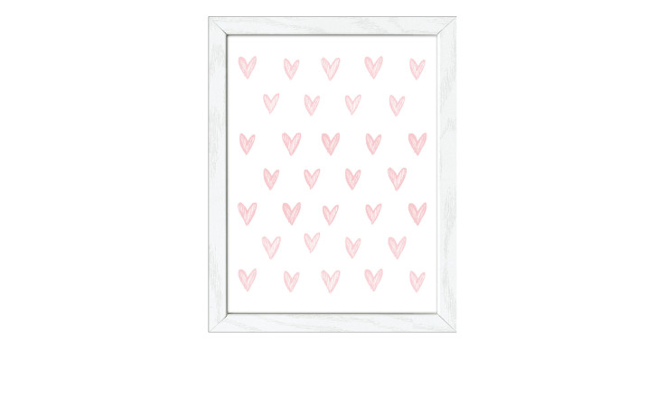 Das Pro-Art Rahmenbild Pink Hearts 24 x 19 cm zeigt hellrosa handgezeichnete Herzen auf Weiß in einem weißen MDF-Rahmen.