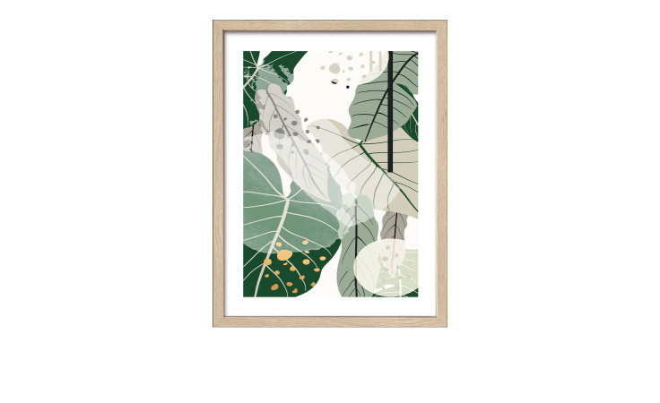 Pro-Art Rahmenbild Big Green Leaves, 33x43 cm, heller Holzrahmen, abstrakte überlappende Blätter auf weißem Hintergrund.