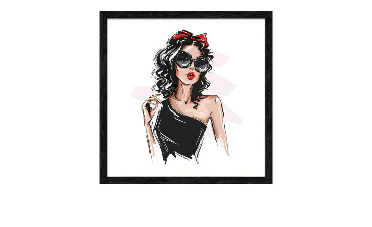 Stylische Frau mit Sonnenbrille in einem mehrfarbig gerahmten Pro-Art "Rahmenbild Fashion Show" 33x33 cm auf Holzwerkstoff.