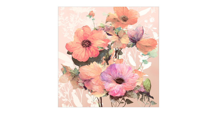 Pro-Art Alubild Aquarell Blumen 50 x 50 cm: mehrfarbige Blumen, grüne Blätter auf blassrosa Hintergrund.