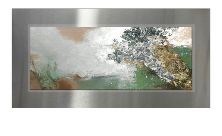Pro-Art's Alubild Green Experiment 50 x 100 cm: abstrakte Kunst in Grün, Gold, Braun und Weiß mit einer Metallumrandung.