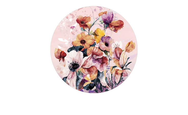 Pro-Art Alubild Aquarell Blumen, mehrfarbig, Durchmesser 98 cm, auf blassem Rosaton, rund.