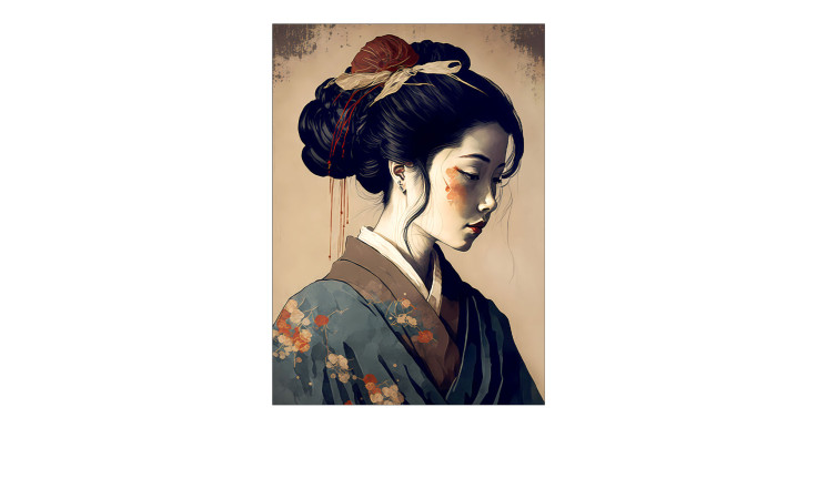 Eine nachdenkliche Geisha in floralem Gewand ziert das Pro-Art Alubild Geisha 70x100cm mehrfarbig Wanddekoration.
