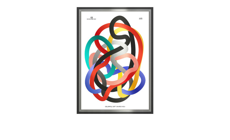Pro-Art Alubild Colorful Soft Shapes 70 x 100 cm: mehrfarbige Bänder auf weiß, schwarz gerahmt für moderne Anmutung.