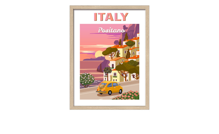 Pro-Art Rahmenbild Italien 33 x 43 cm: Sonnenuntergang in Positano mit gelbem Auto und bunten Häusern auf den Klippen.