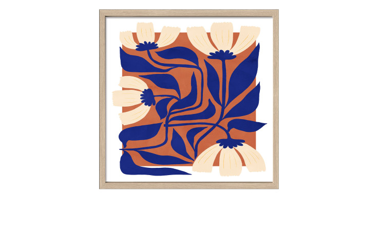 Pro-Art Rahmenbild Botanical Art 53x53cm, abstrakter Druck mit cremefarbenen Blumen, blauen Blättern und orangefarbenem Hintergrund.