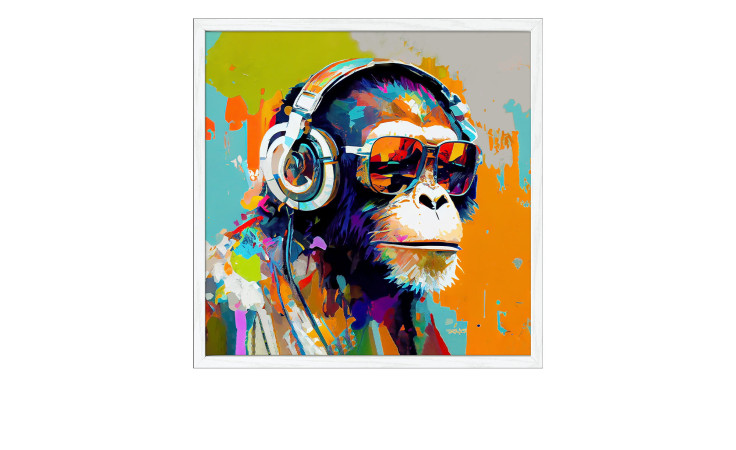 Das Pro-Art Rahmenbild Amimals with Headphones 53 x 53 cm zeigt einen bunten Schimpansen mit Kopfhörer und Sonnenbrille.