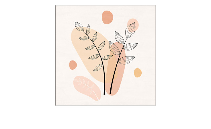 Das Pro-Art Glasbild Line Art Leaves 20 x 20 cm zeigt minimalistische Blätterzweige mit orangefarbenen und rosa Ovalen als Dekoration.