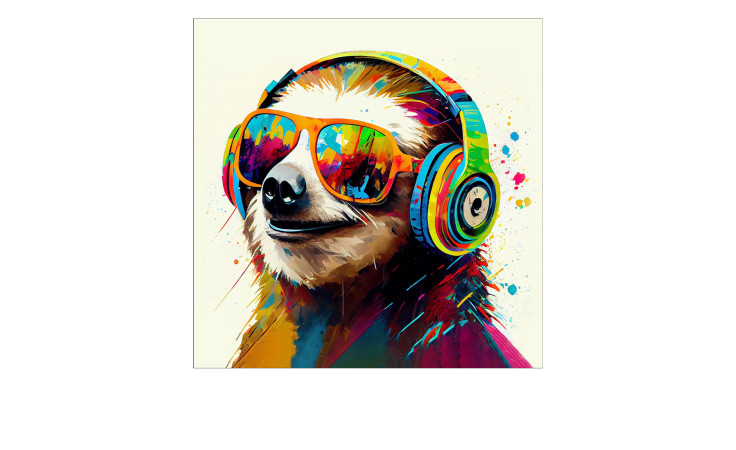 Ein verspieltes Faultier mit bunten Kopfhörern und Sonnenbrille auf einem Pro-Art Glasbild Animals with Headphones 30x30 cm.