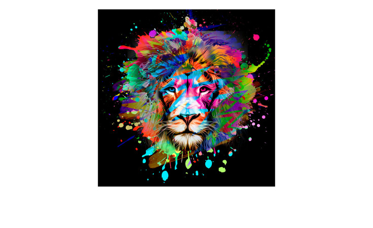 Das Pro-Art Glasbild Colorful Lion Head 30 x 30 cm zeigt ein Löwengesicht in leuchtenden Farben auf einem glatten, schwarzen Glashintergrund.
