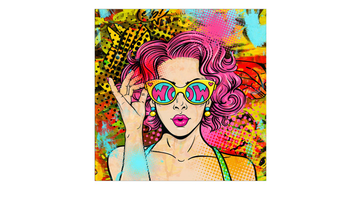 Glasbild Wow 50 x 50 cm von Pro-Art: Pop-Art Frau mit pinkem Haar & bunter Sonnenbrille vor abstraktem Hintergrund.
