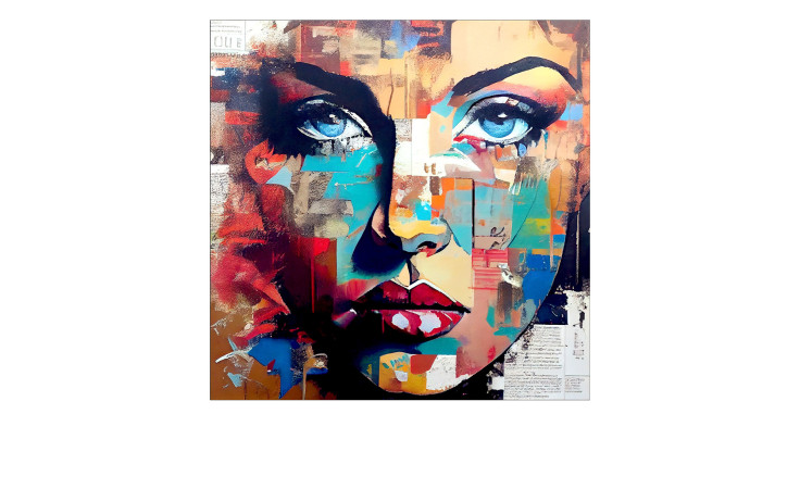 Pro-Art Glasbild Colorful Woman Portrait 50x50 cm: abstraktes, lebendiges Dekor mit ausdrucksstarkem Gesicht und blauen Augen einer Frau.