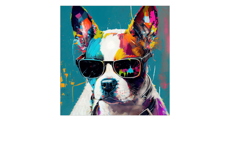 Pro-Art Glasbild Hund mit Sonnenbrille 50 x 50 cm zeigt einen farbenfrohen Hund mit schwarzer Brille auf blaugrünem Hintergrund.