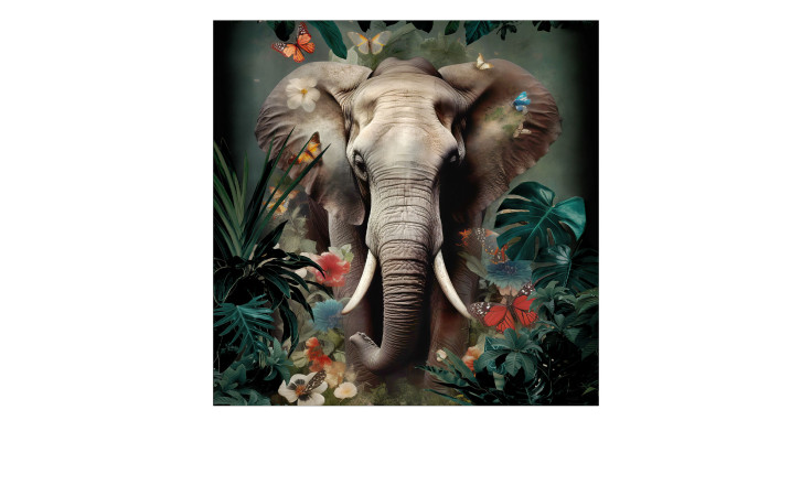 Das Pro-Art Glasbild Elefant im Dschungel 50 x 50 cm zeigt einen majestätischen Elefanten inmitten üppiger Pflanzen und Schmetterlinge.