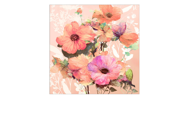 Das Pro-Art Glasbild Aquarell Blumen 50x50 cm zeigt bunte Blumen mit grünen Blättern auf einem zarten pfirsichfarbenen Hintergrund.