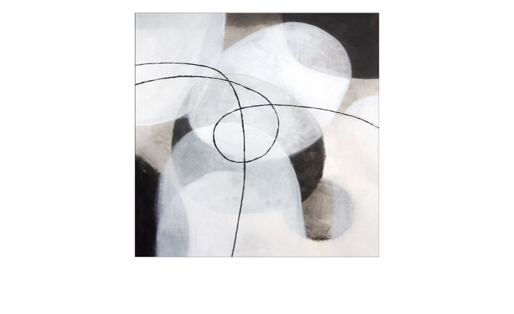Pro-Art Glasbild Different Abstract Shapes 50x50 cm zeigt überlappende graue, schwarze und weiße Formen mit dünnen geschwungenen Linien.