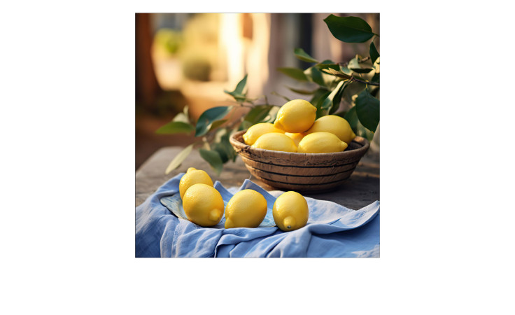 Das Pro-Art Glasbild Lemons III (50x50 cm) zeigt frische Zitronen auf einem blauen Tuch mit belaubten Zweigen im Freien.