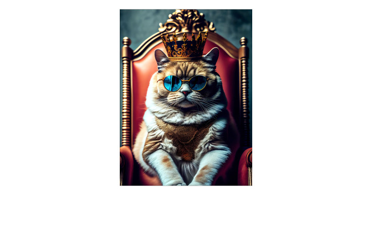 Das Pro-Art Glasbild "Die Katze ist König" 60x80 cm zeigt eine gekrönte Katze auf einem Thron inmitten bunter Dekorationen.
