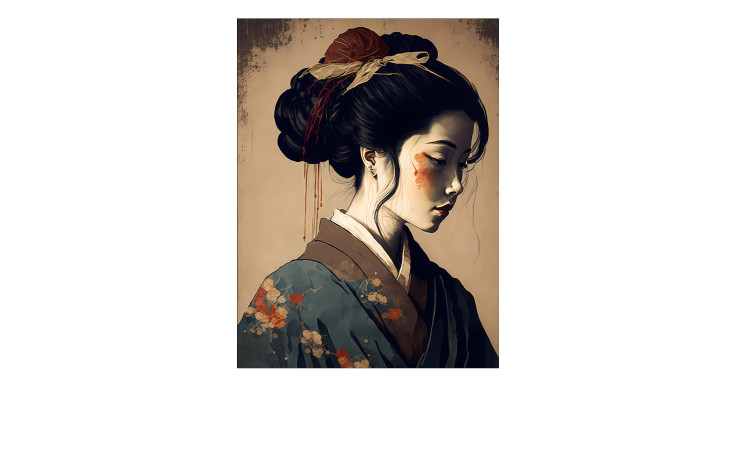 Pro-Art Glasbild Geisha 60x80 cm: Digitales Gemälde einer Frau in geblümtem Kimono, aufwändiges Haar, warme Beleuchtung.