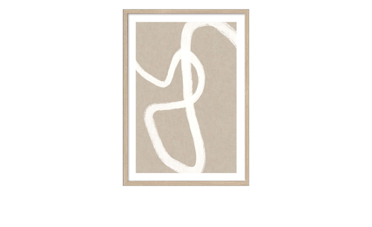 Pro-Art Rahmenbild Abstrakte Liniengrafik 75x105cm: Beige minimalistische Kunst mit weißen Kurven, holzfarbener MDF-Rahmen, Glas geschützt.