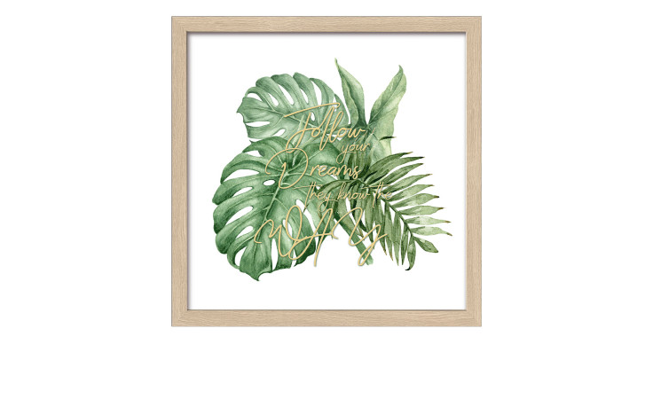 Pro-Art Rahmenbild Green Leaf III 28x28 cm: Gerahmtes Kunstwerk mit grünen Blättern und goldener Schrift "Follow your dreams".