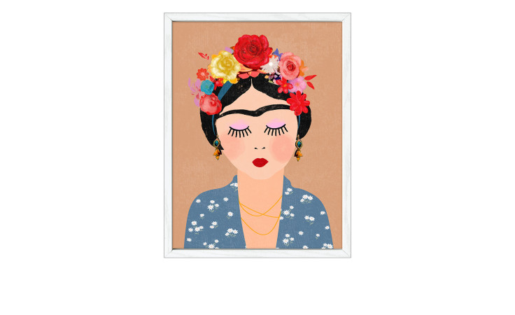 Rahmenbild Frida Kahlo II von Pro-Art: Frau mit Blumenkrone, roten Lippen & blauem Top im weißen 42,5x32,5cm Rahmen.
