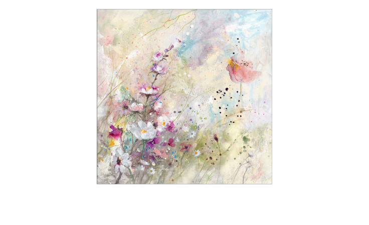 Pro-Art Leinwandbild Natural Flowers II 27x27 cm zeigt Wildblumen und einen rosa Vogel auf einem verträumten MDF-Hintergrund.