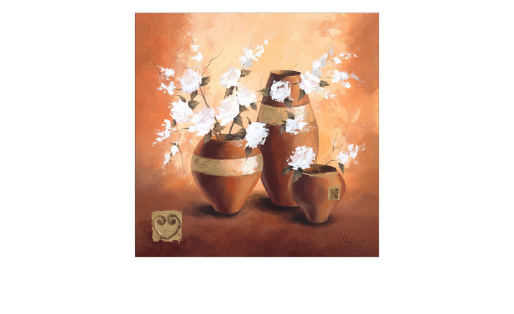 Leinwandbild Golden Shining I 27x27 cm von Pro-Art: Braune MDF-Vasen mit weißen Blumen im abstrakten Stil.