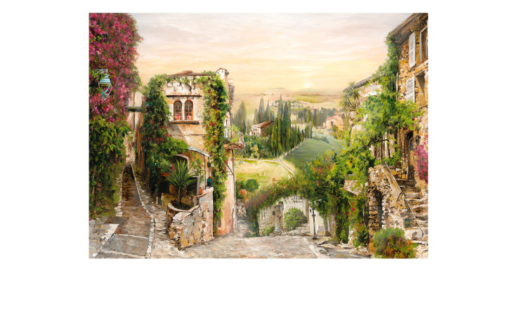 Leinwandbild Mediterranes Dorf 84x116 cm von Pro-Art zeigt ein altes Steindorf mit Blumen und Blick aufs Sonnenuntergangspanorama.