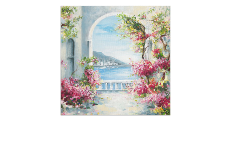 Pro-Art Leinwandbild Terrace On The Lake 40x40cm: Blick auf den See durch einen Torbogen mit rosa Blumen und Grünpflanzen.