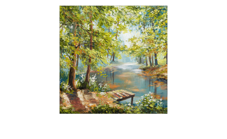 Das Leinwandbild River In The Forest II (40x40 cm) von Pro-Art zeigt einen bunten Waldfluss, grüne Bäume und ein MDF-Dock.