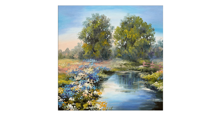 Das Pro-Art "Leinwandbild River In The Forest I" (40x40 cm) zeigt einen friedlichen Fluss mit Wildblumen und hohen grünen Bäumen.