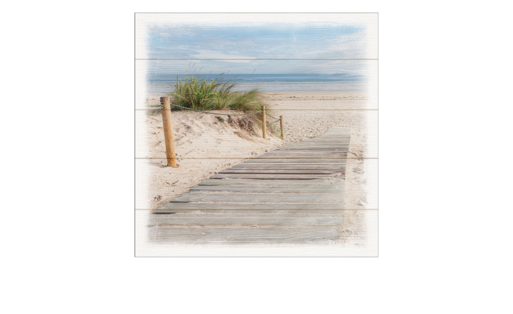 Das Pro-Art Leinwandbild Sanddünen I 40x40 cm zeigt eine mehrfarbige MDF-Promenade zu einem ruhigen Strand unter blauem Himmel.