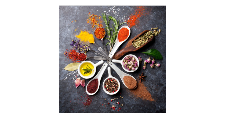 Das Pro-Art Glasbild Spicery I (20x20 cm) zeigt bunte Gewürze in Glasschalen als Deko von oben auf dunklem Grund.