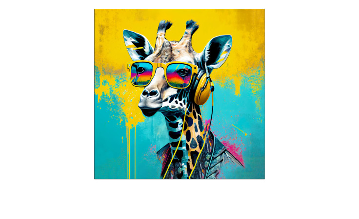 Das Pro-Art Glasbild Animals With Headphones II zeigt eine flippige Giraffe auf einem leuchtend gelb-blauen Hintergrund, 20 x 20 cm.