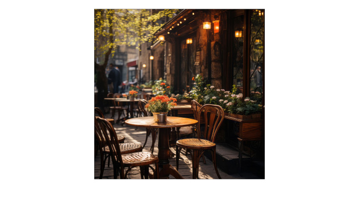Glasbild Little Street Cafe II 30x30 cm von Pro-Art: Café im Freien, bunte Dekoration, Blumen auf den Tischen, Sonnenlicht durch die Bäume.