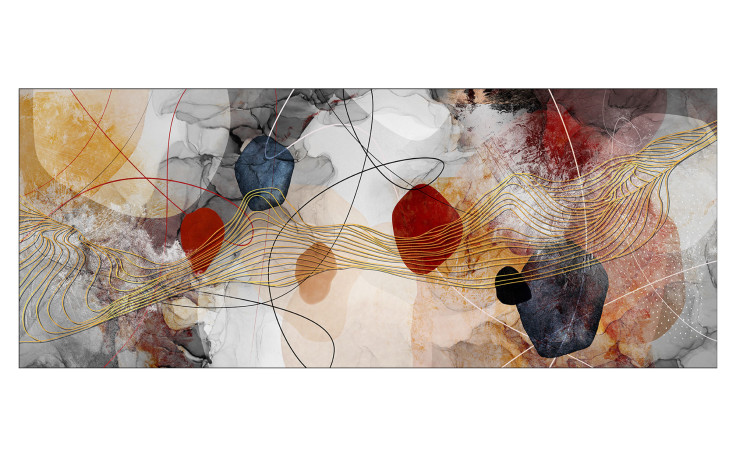 Das Pro-Art Glasbild Lines And Shapes IX 50 x 125 cm zeigt mehrfarbige Formen und wirbelnde goldene Linien.