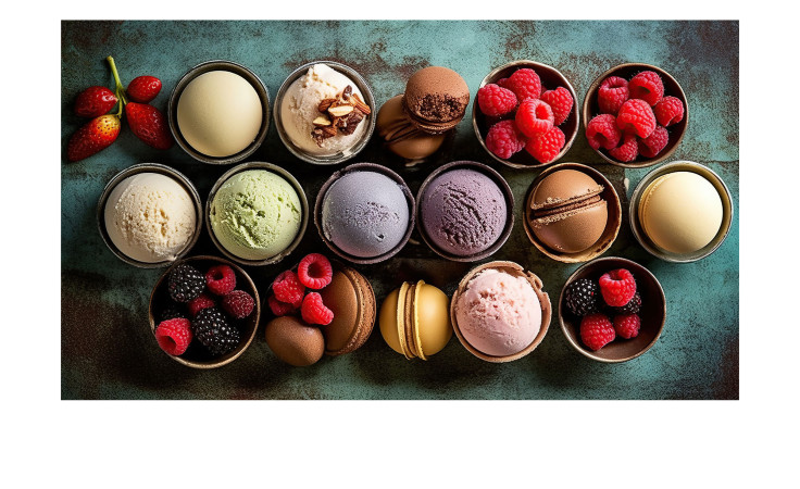 Pro-Art Glasbild "Früchte und Eiscreme" 50x125 cm: Eis, Macarons & Beeren in Glasschalen auf blauem Untergrund arrangiert.