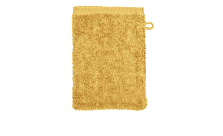 Der Ross Waschhandschuh Sinfonie 16 x 22 cm, ein gelber Baumwoll-Frottee-Mitt, mit Aufhängeschlaufe auf weißem Hintergrund.