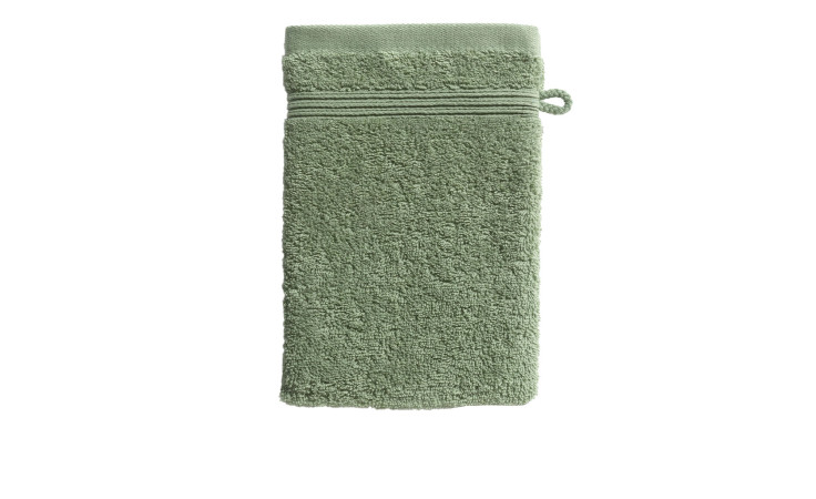 Ein gefalteter hellgrüner Ross Waschhandschuh 16 x 22 cm mit strukturierter Oberfläche und einer kleinen seitlichen Aufhängeschlaufe.