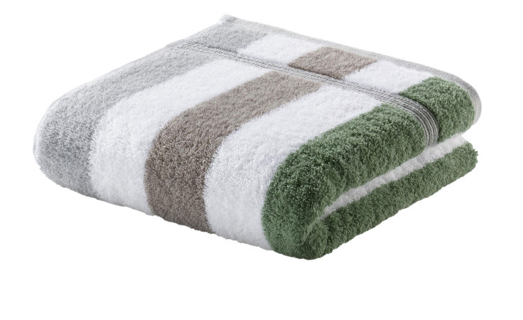 Ross Handtuch 50 x 100 cm, breite grüne, braune, graue und weiße Streifen, gefaltet auf weißem Hintergrund.