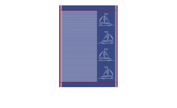 Ross Geschirrtuch 50 x 70 cm, blau, weiße Segelboote und Streifen, rot-weiß umrandet, aus Baumwolle.