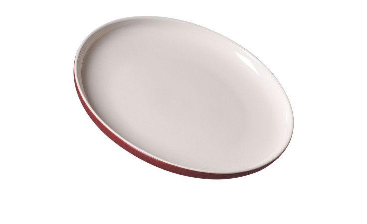Der Ritzenhoff Dessertteller Jasper 19 cm ist ein runder Steinzeugteller mit weißer Oberseite und rotem Rand auf weißem Grund.