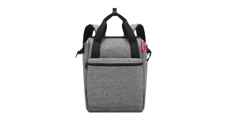 Reisenthel Rucksack Allrounder R: grauer Polyester-Rucksack mit schwarzen Trägern, geräumigem Hauptfach und Fronttasche.