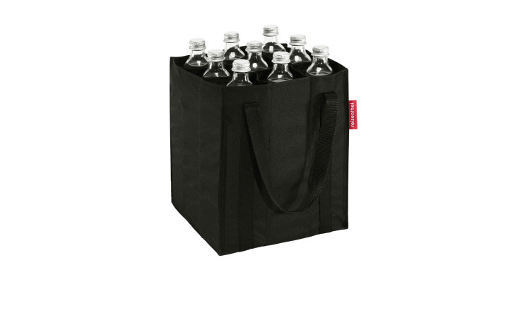 Reisenthel Flaschenträger Bottlebag aus recyceltem Polyester, 24x28 cm, trägt 9 Glasflaschen mit weißen Deckeln.