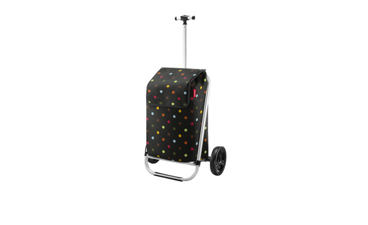 Reisenthel Einkaufstrolley Shopping Trolley aus Polyester, schwarz mit bunten Punkten, 2 Rädern, Aluminiumrahmen.